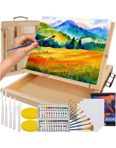 Комплект за рисуване с художествени материали и статив куфар 45 части